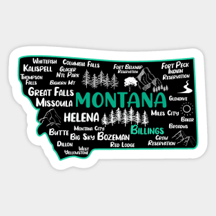 Cute map of Billings Montana, Helena, Missoula, Great Falls, Butte, Bozemian, Kalispell, Big Sky Sticker